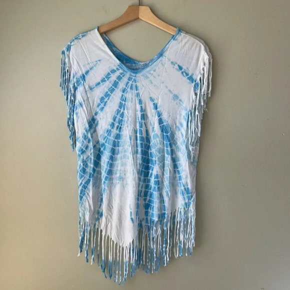 Blue White Tie-Dye Fringe Top By Ocean Drive  Rayon S‎ - Picture 1 of 2